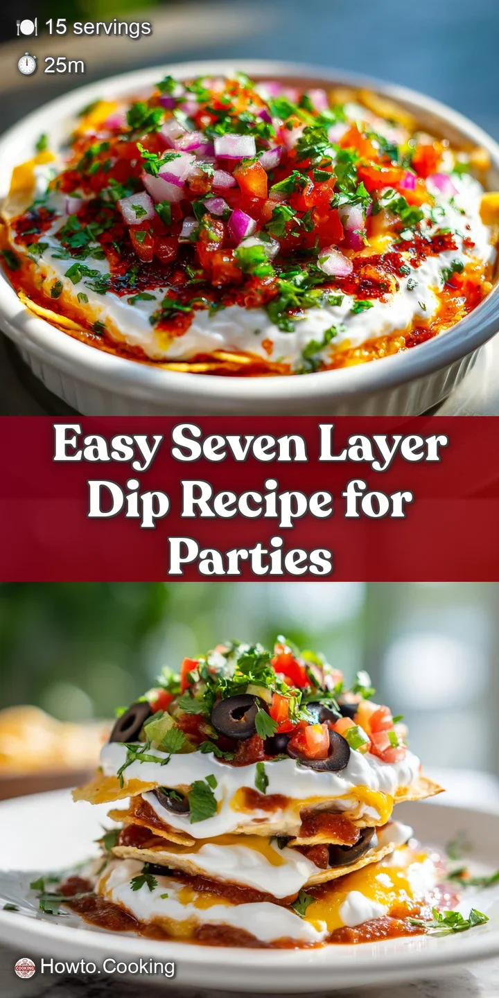 Close-up of creamy seven layer dip, showcasing the smooth textures of guacamole and sour cream dotted with vibrant pico de...