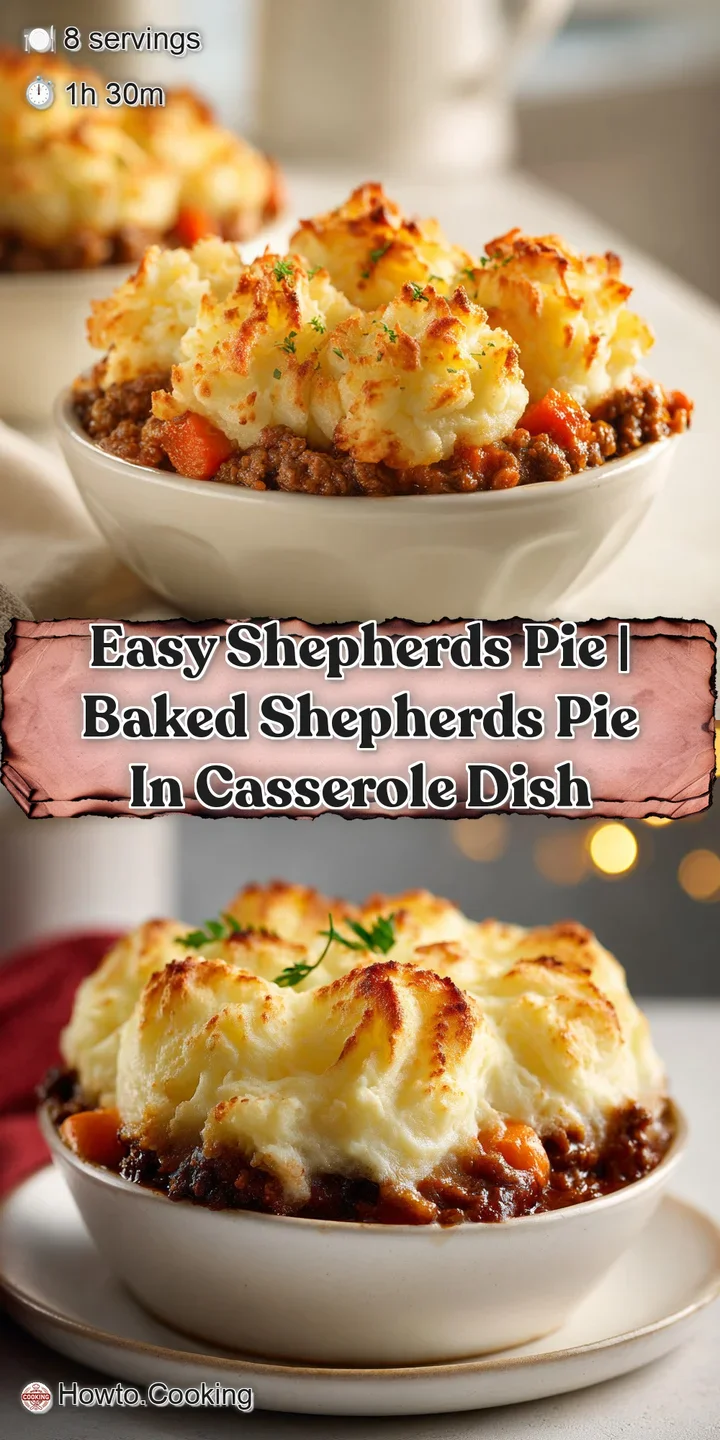 Close-up of creamy mashed potatoes with toasted brown peaks and thick beef gravy with carrots and peas peeking through.