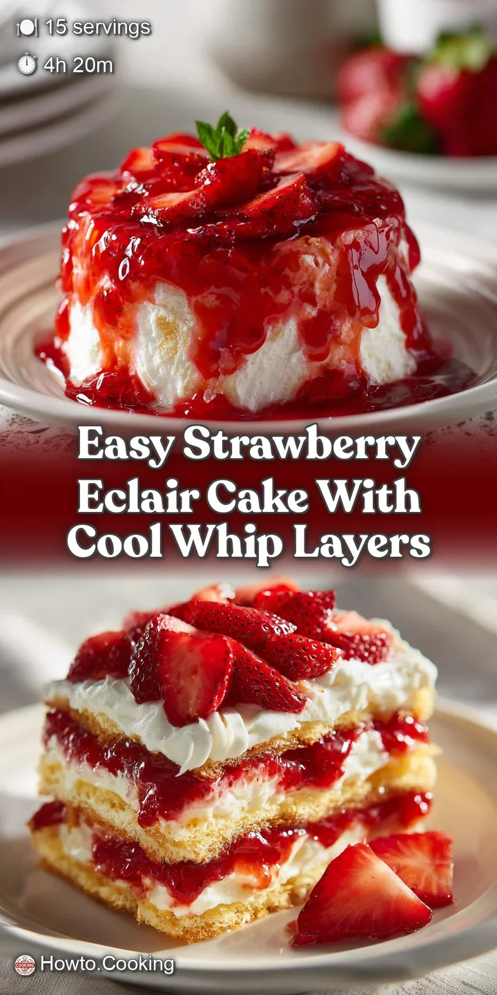 Close-up of a strawberry eclair cake revealing plump strawberries and rich cream filling with golden brown pastry layers.