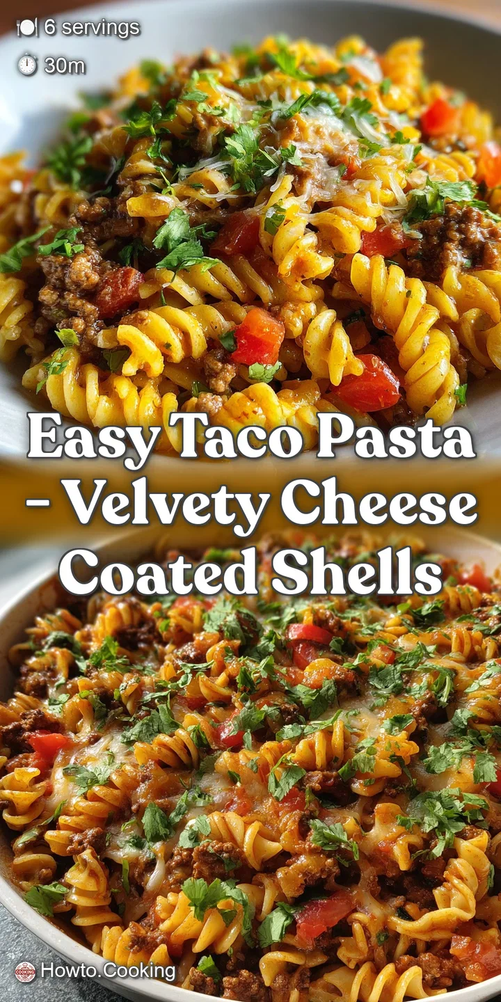 Close-up of taco pasta with visible textures. Creamy sauce coats the pasta, with melted cheese and seasoned ground meat, a...