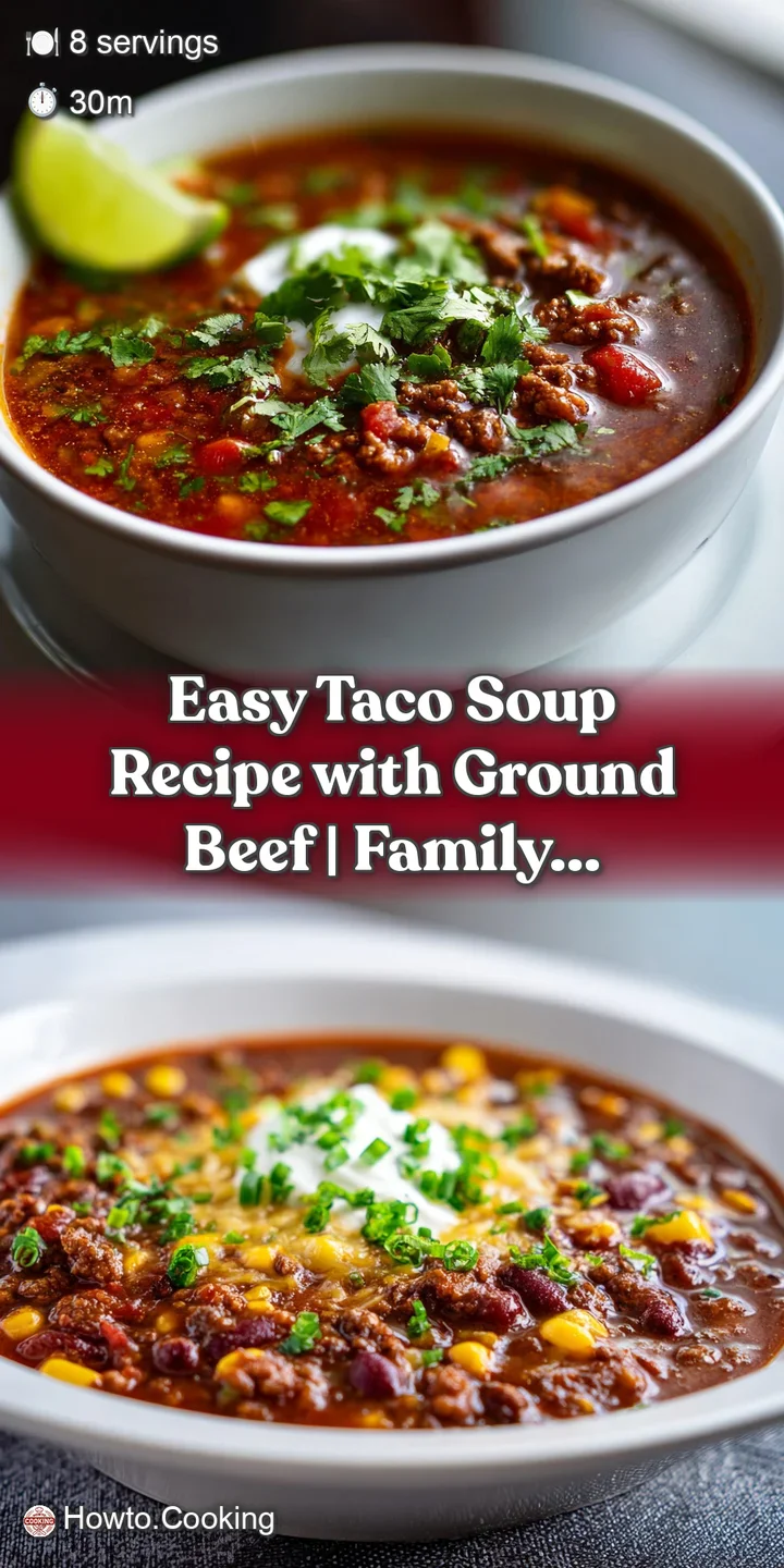 Close-up of taco soup, showing juicy ground beef, tender beans, and melted cheddar cheese. A swirl of sour cream adds crea...