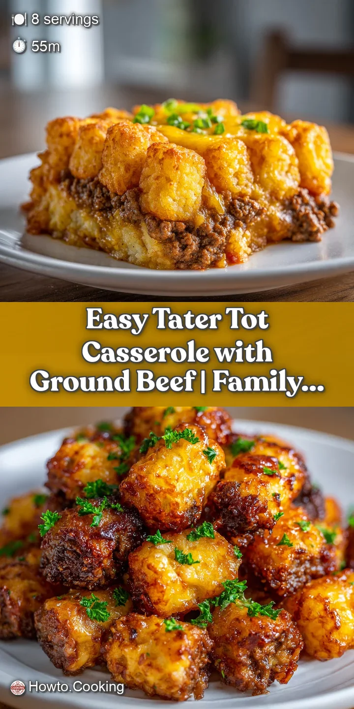 Close-up of a steaming-hot tater tot casserole, showcasing the crispy golden tots and rich, bubbly cheese sauce, utterly t...