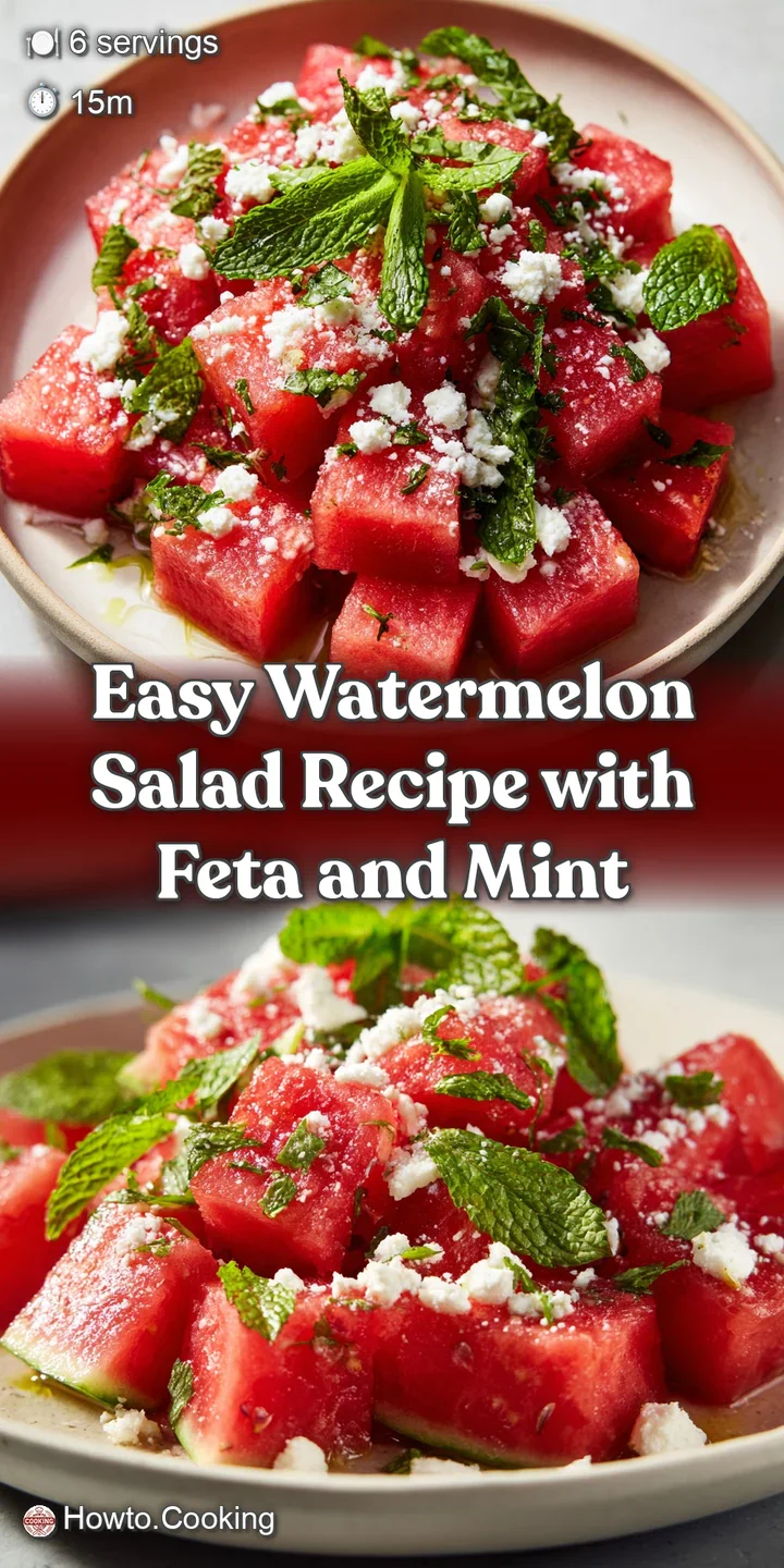 Close-up showcases juicy watermelon cubes and creamy feta crumbles with glossy balsamic. Fresh mint adds a vibrant splash ...