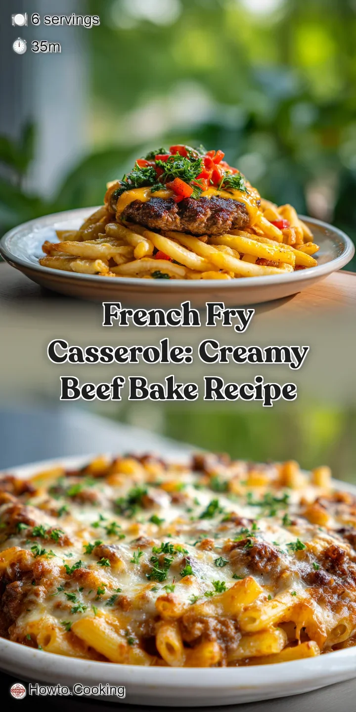 Close-up of a creamy, beefy casserole bubbling with melted cheese and golden-brown french fries. Delicious, savory comfort...