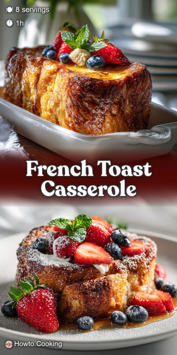 Close-up of bubbly, golden-brown French toast casserole, glistening with syrup, showcasing texture and warm inviting colors.