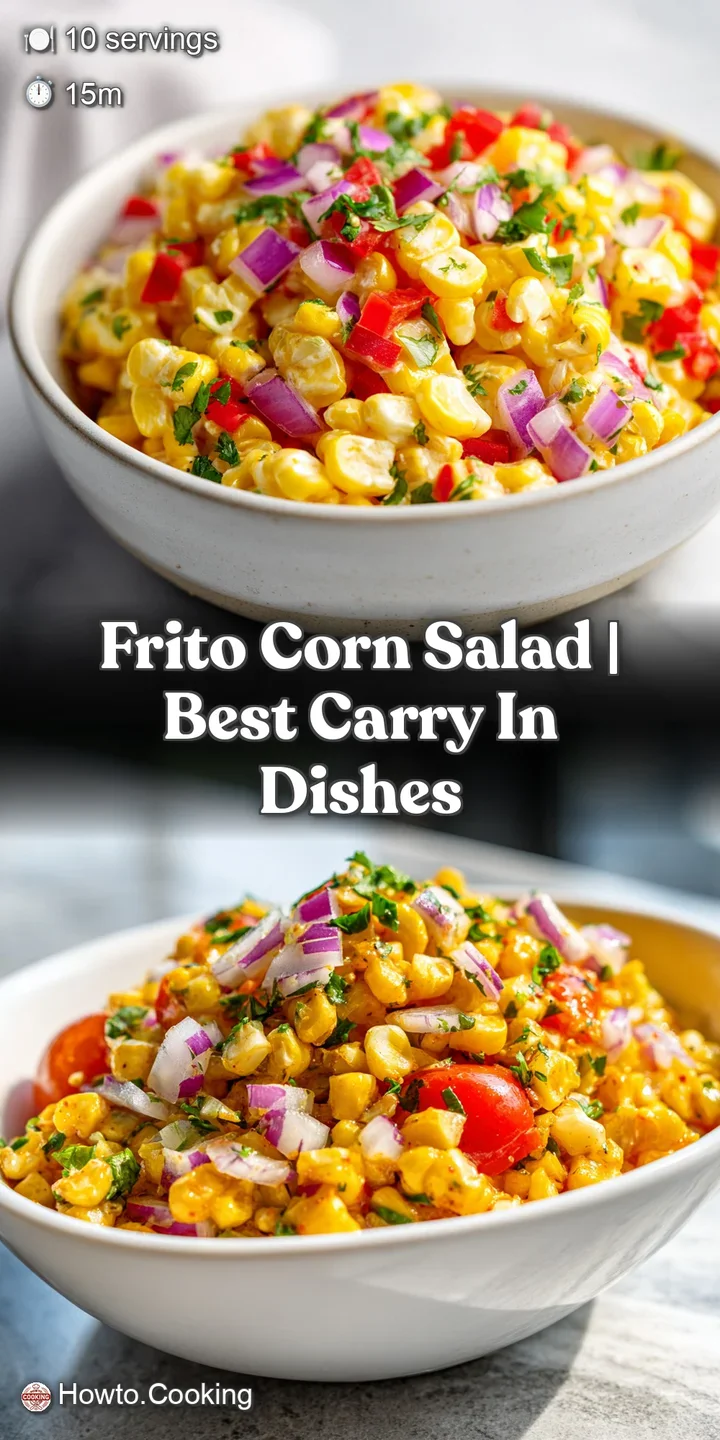 Close-up of sweet corn salad featuring colorful bell peppers, crunchy Fritos, and a creamy, tangy dressing, bursting with ...