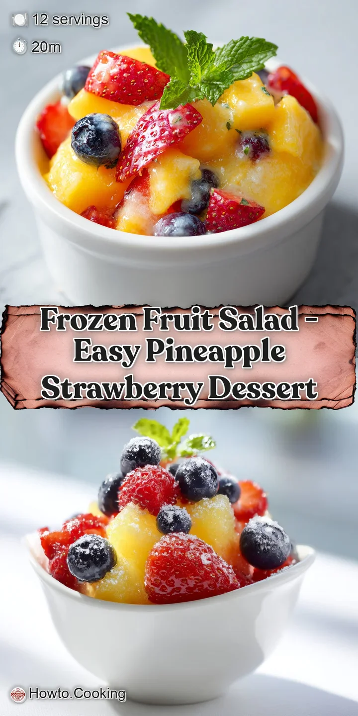 Close-up of glistening frozen strawberries and pineapple cubes, hinting at refreshing, icy coolness.