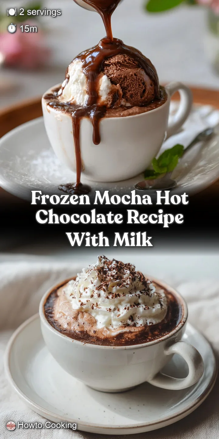 Close-up of a blended mocha drink: frozen, light brown, with a dollop of whipped cream and rich chocolate sauce.