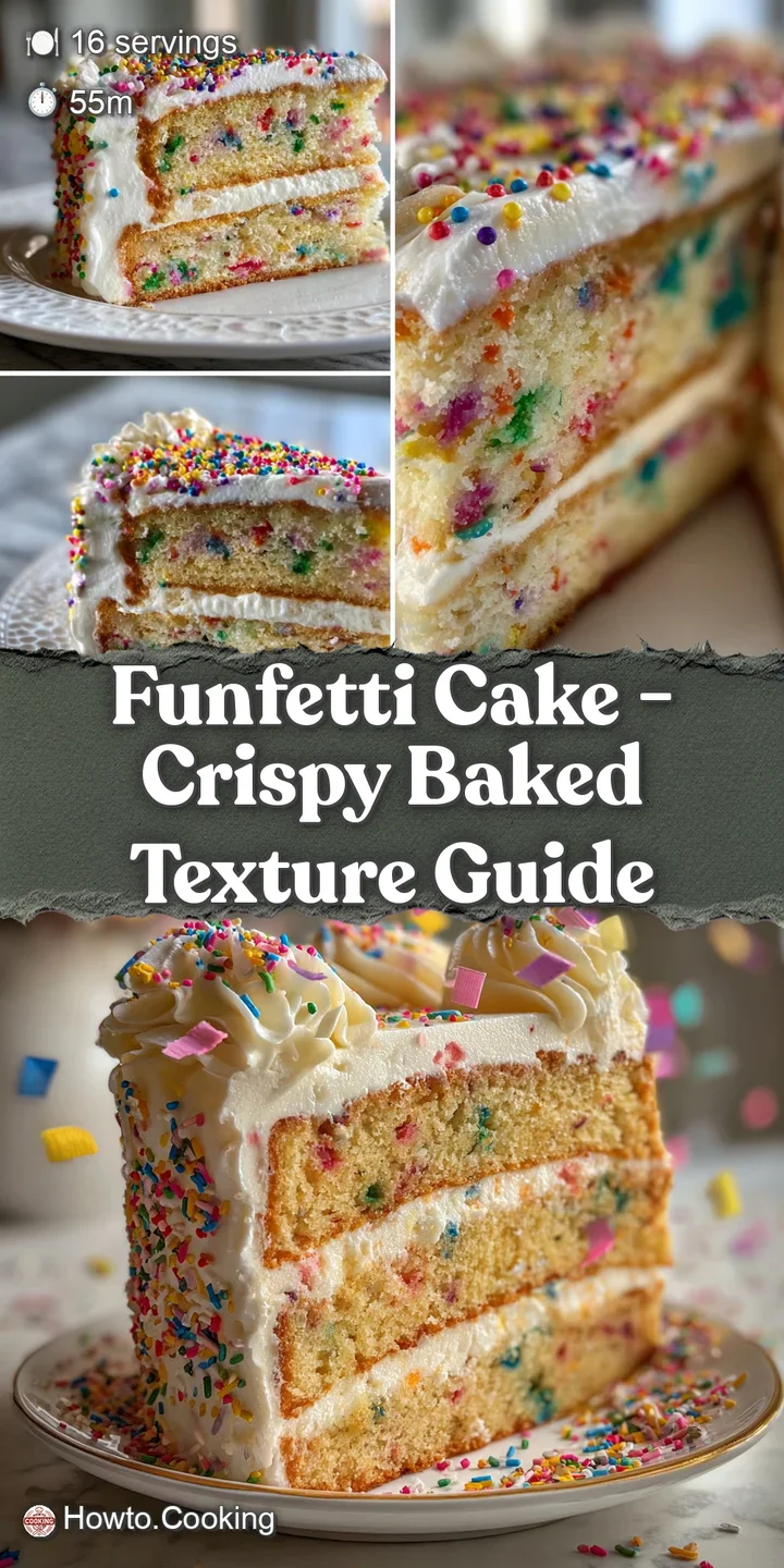 Close-up of Funfetti cake reveals a sugary, crispy texture. The colorful sprinkles offer a playful contrast to the golden-...