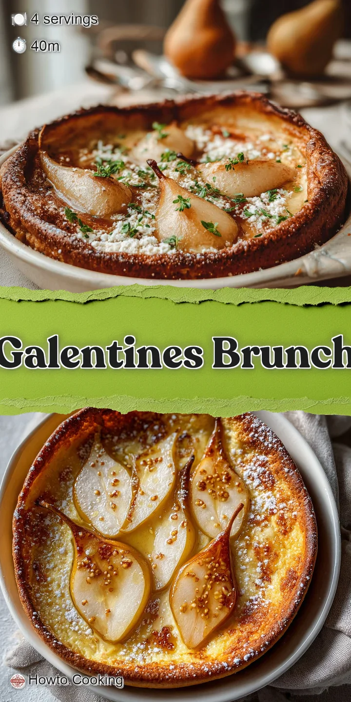 Close-up capturing the glistening, wine-soaked surface of a poached pear atop a light, airy pancake, hinting at a champagn...