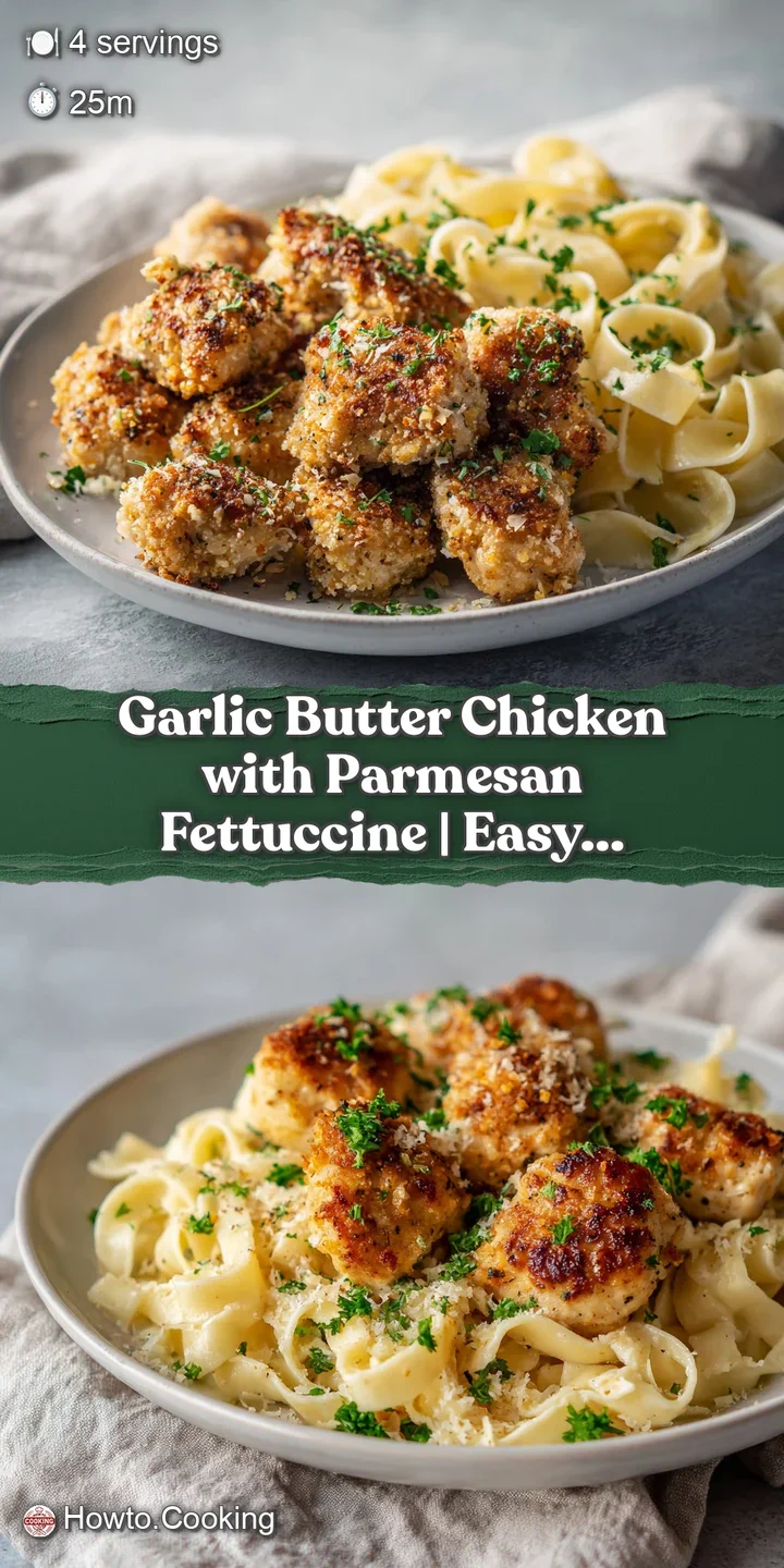 Close-up of twirled fettuccine coated in rich garlic butter sauce, topped with seared chicken and melted parmesan cheese.