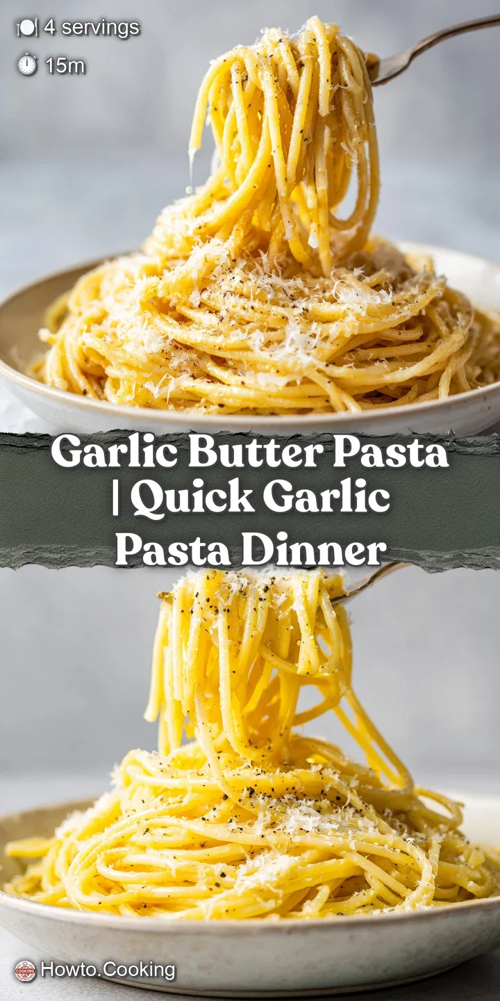 Macro shot of glistening noodles drenched in golden butter with crispy minced garlic and vibrant green parsley.