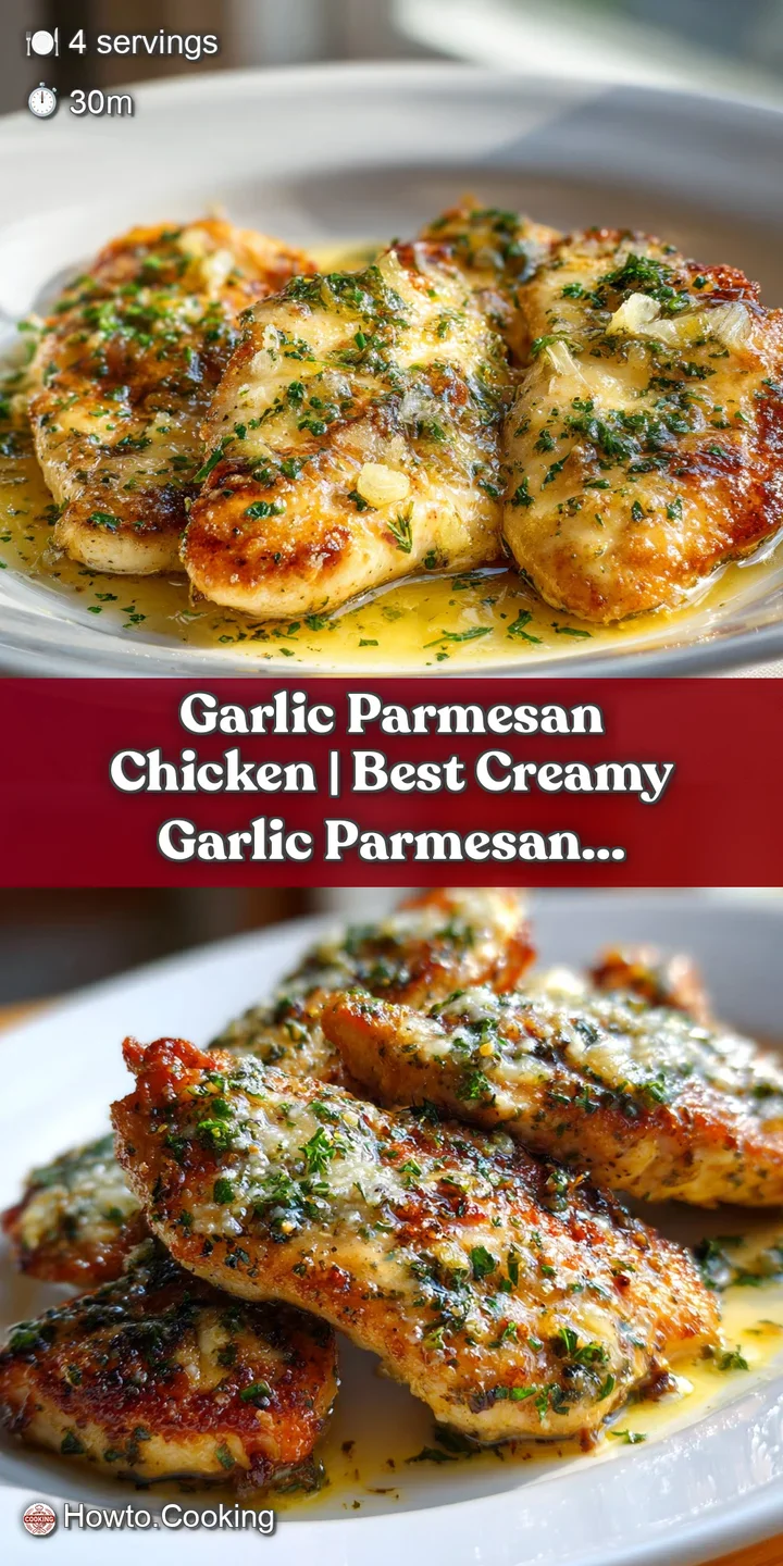 Macro shot of melted parmesan cheese bubbling over tender chicken with toasted garlic and flecks of green herbs.