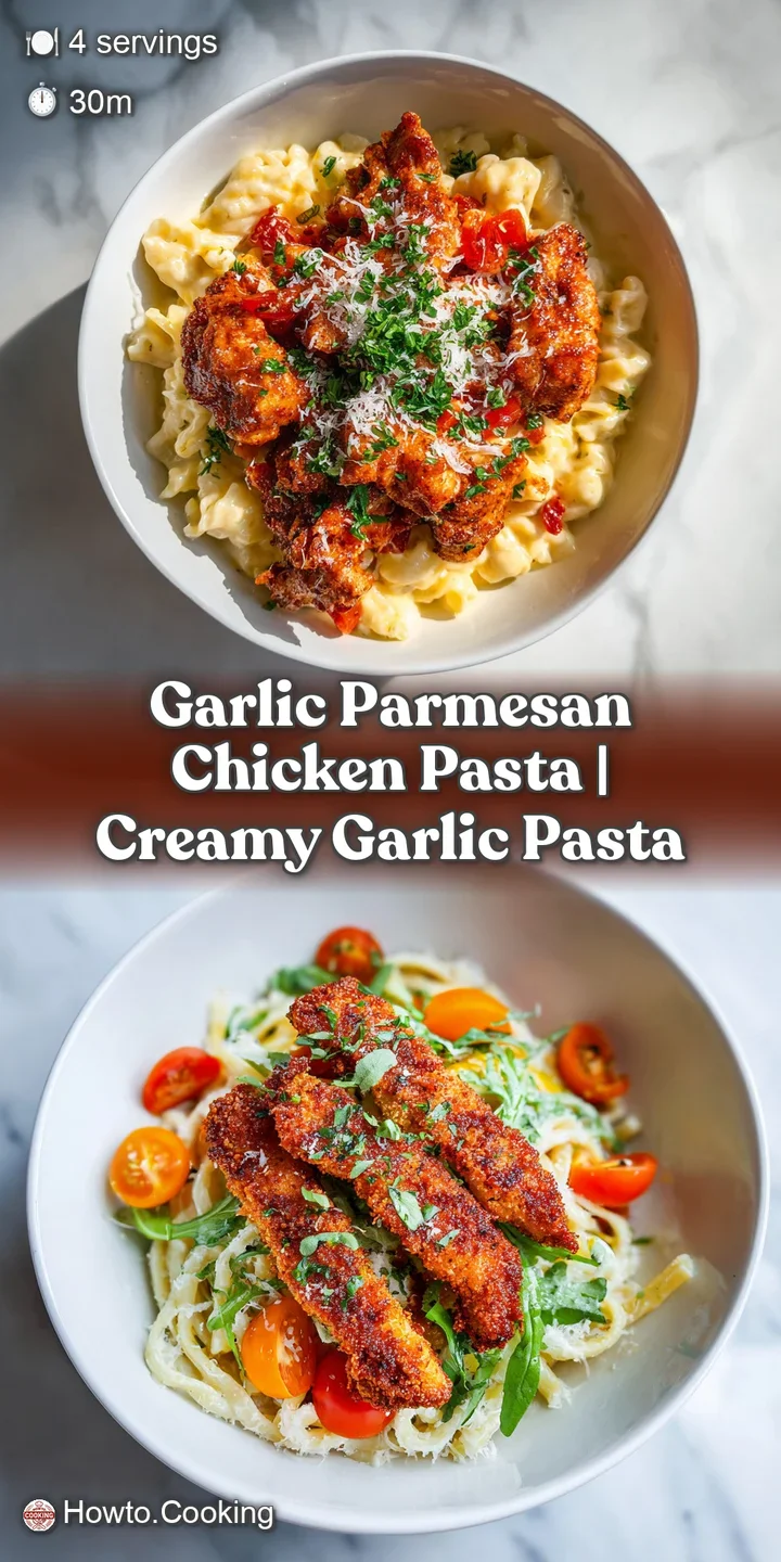 Macro shot of glistening white cheese sauce coating golden chicken and pasta, topped with cracked black pepper.