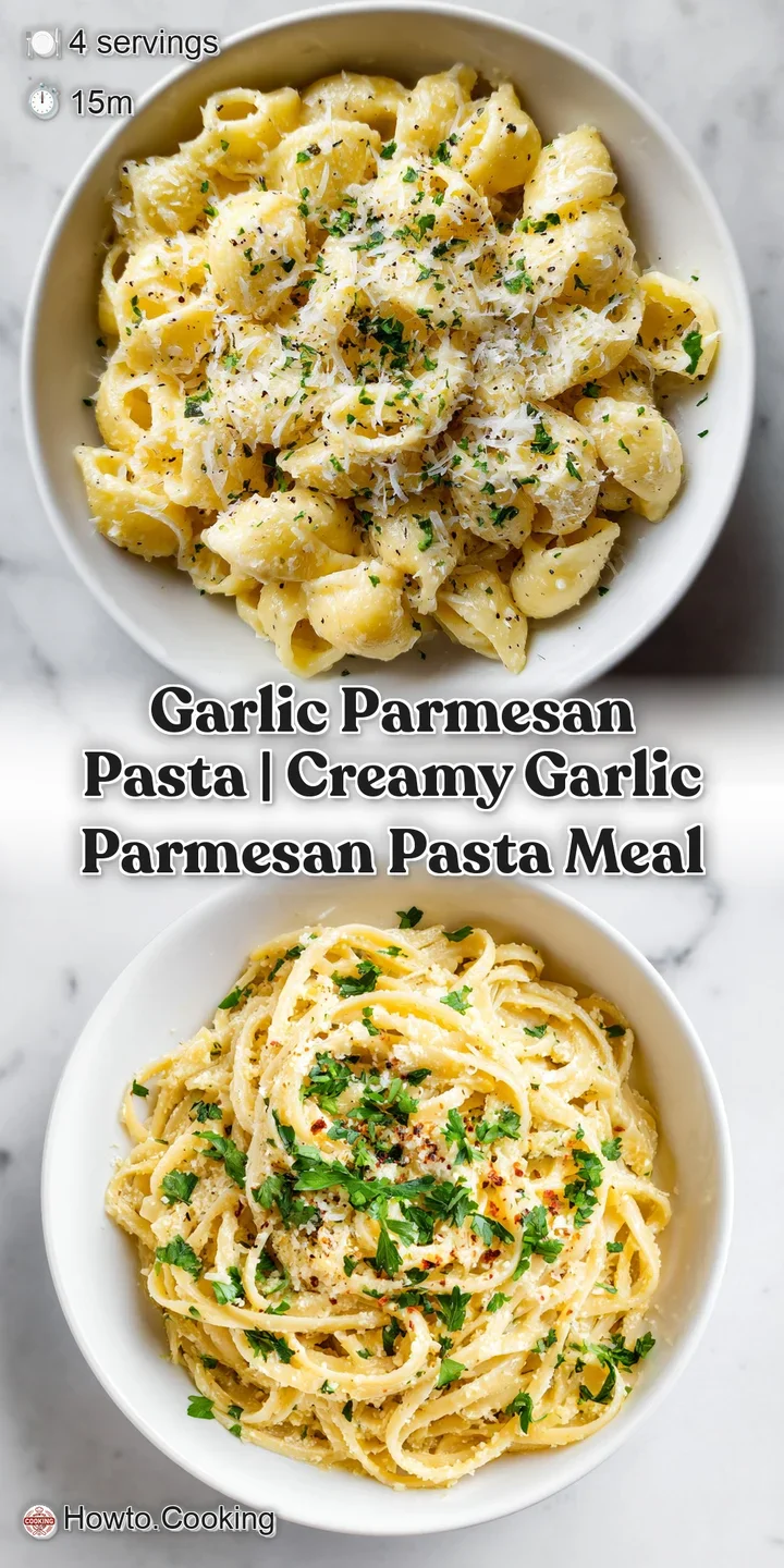 Close-up of tender pasta strands glistening with a rich, creamy garlic-parmesan sauce, sprinkled with bright green herbs.