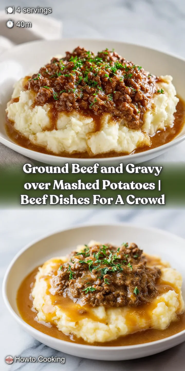 Close-up of tender ground beef in a dark, glossy gravy pooling over smooth, whipped potatoes