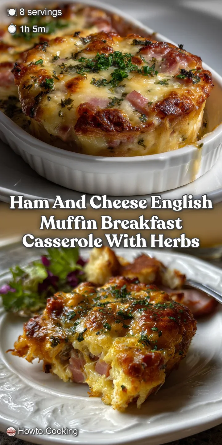 Close-up of bubbling, melted cheese and toasted muffin, revealing layers of savory ham and fragrant herbs; steam rising ge...