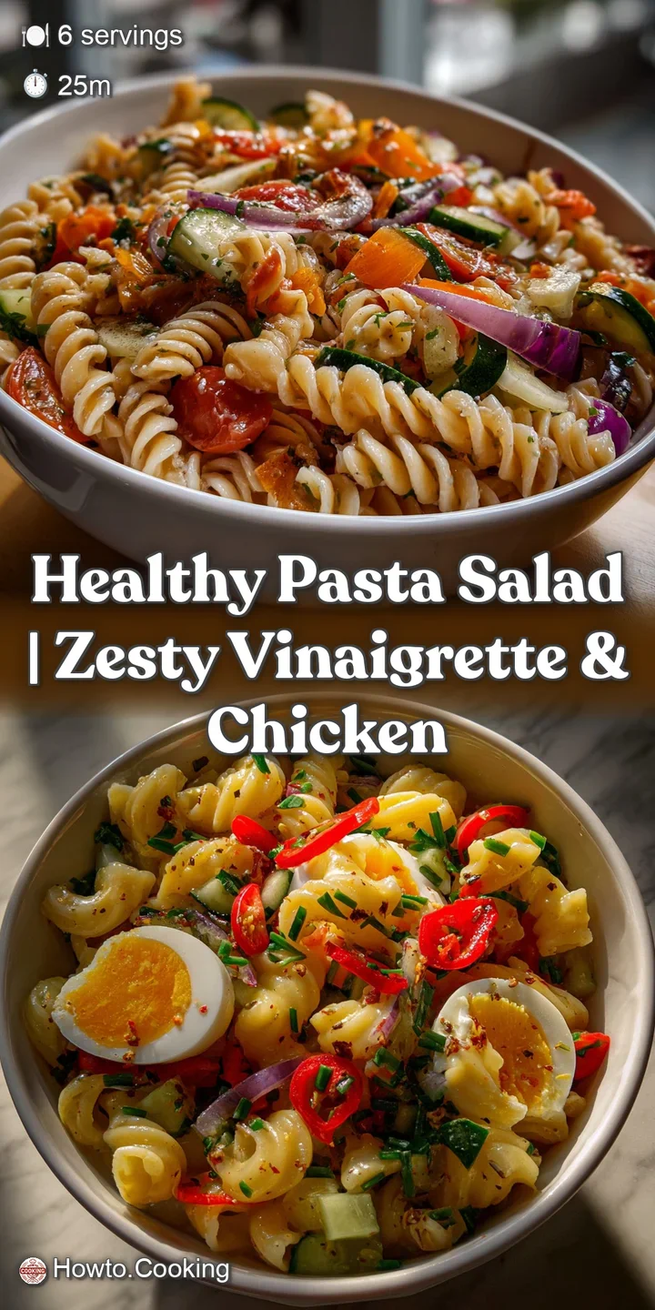 Close-up of pasta salad. Tender pasta coated in zesty dressing, visible flecks of herbs and crisp, colorful vegetables, ra...