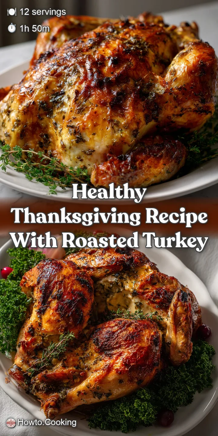 Close-up of succulent turkey, glistening skin, and aromatic herbs. The turkey sits in a sea of roasted vegetables ready to...