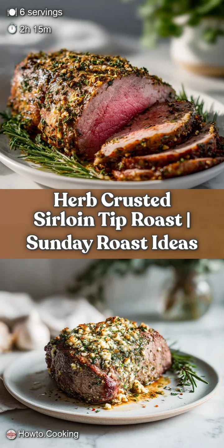 Close-up shot revealing the rich, dark crust and tender pink interior of a perfectly cooked sirloin tip roast. Mouthwateri...