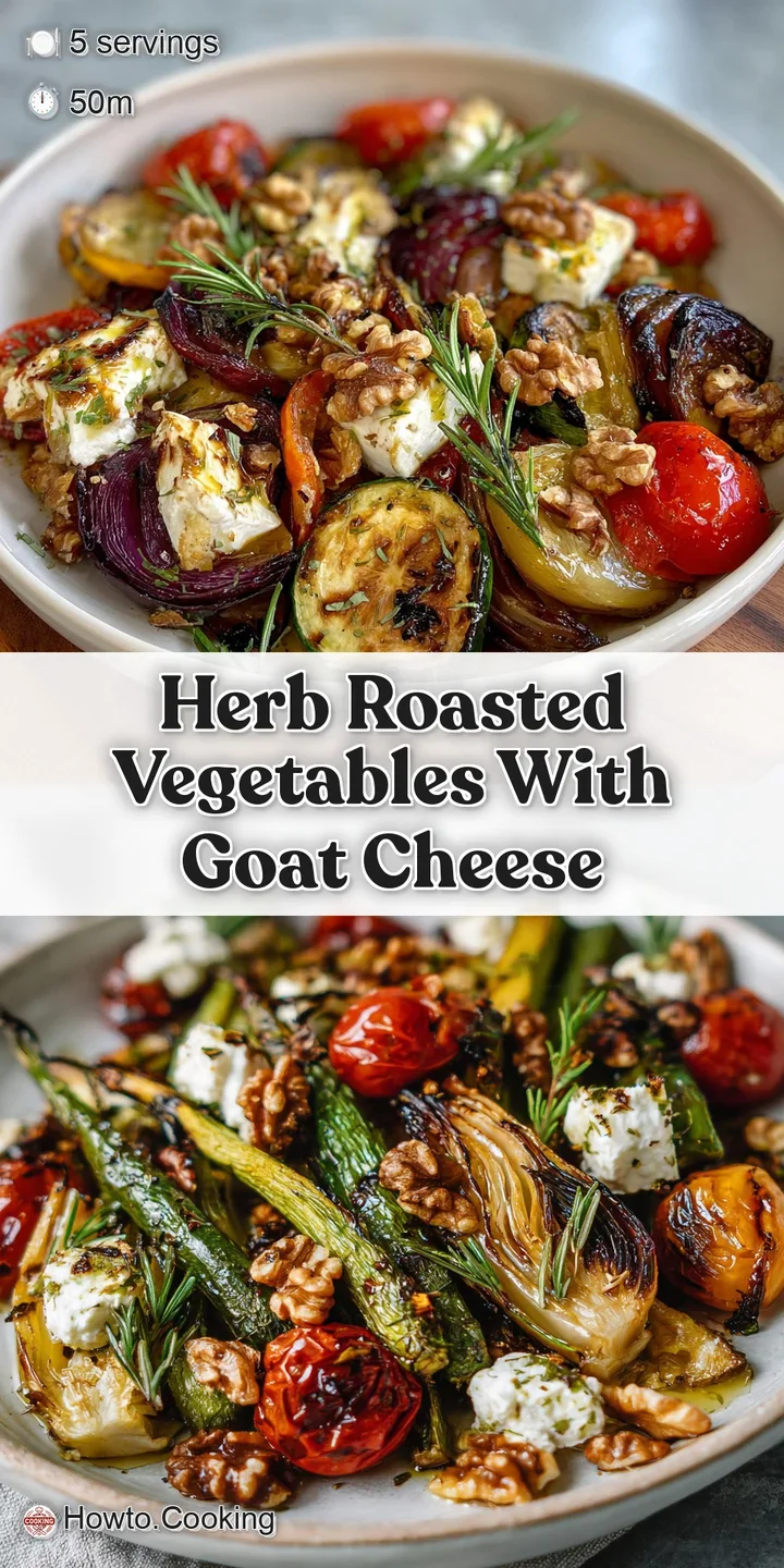 Close-up: Sizzling roasted vegetables with caramelized bits, mingling with creamy goat cheese. Steam rises, showcasing fre...