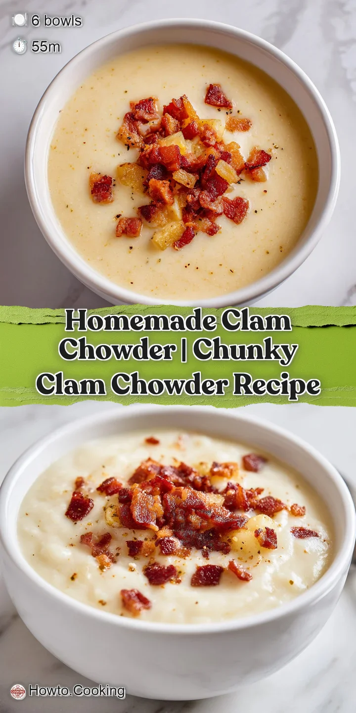 Close-up of a velvety cream soup featuring tender clams and glistening, crunchy bacon bits with a hint of steam.