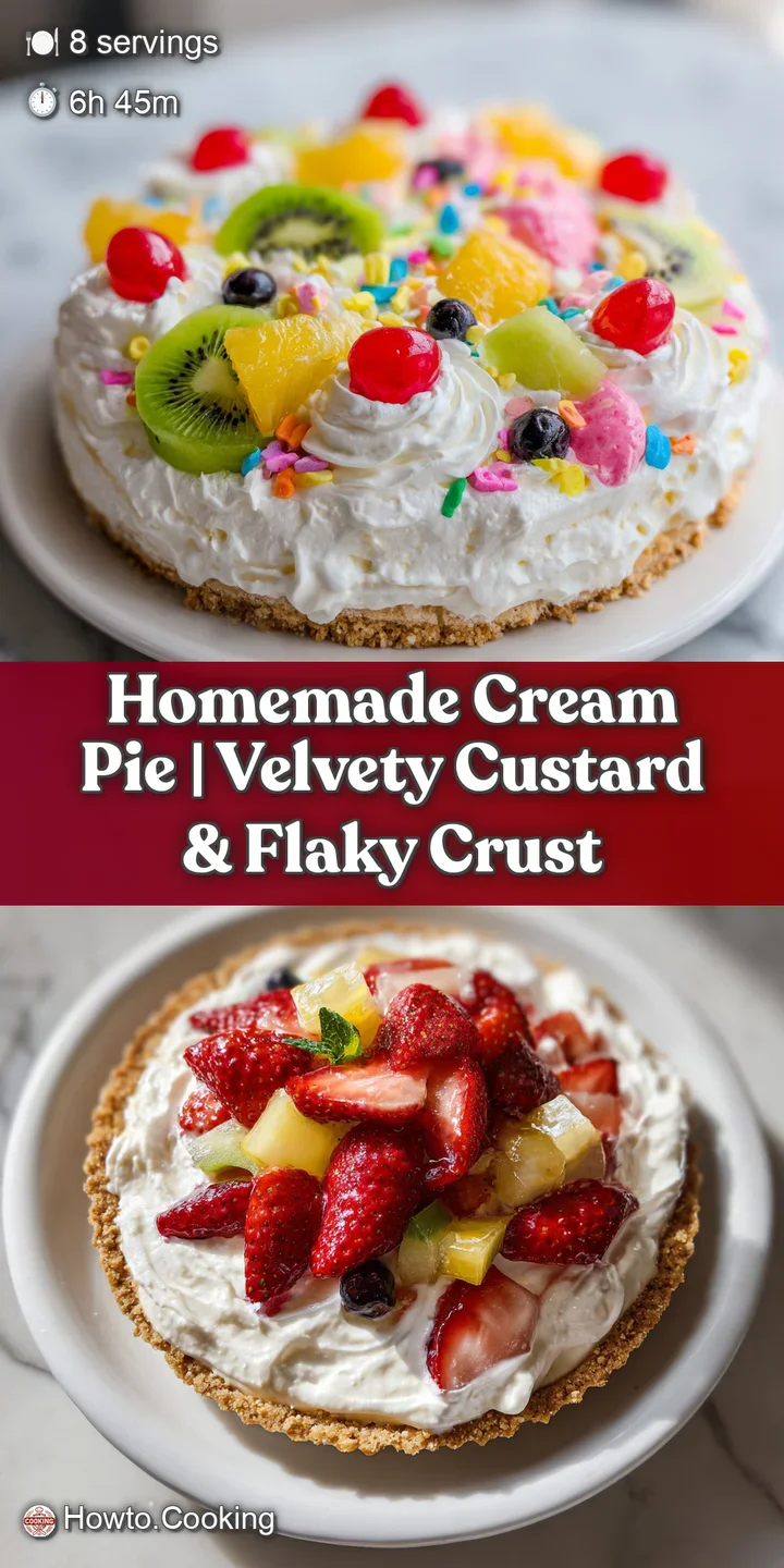 Close-up of a luscious cream pie highlighting the soft, airy texture of the filling and the golden, bubbling crust.