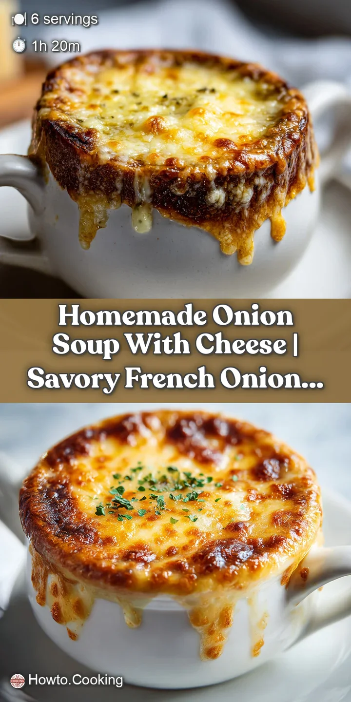 Close-up of stretchy, melted cheese pulling away from a toasted bread slice atop a rich, dark brown broth.