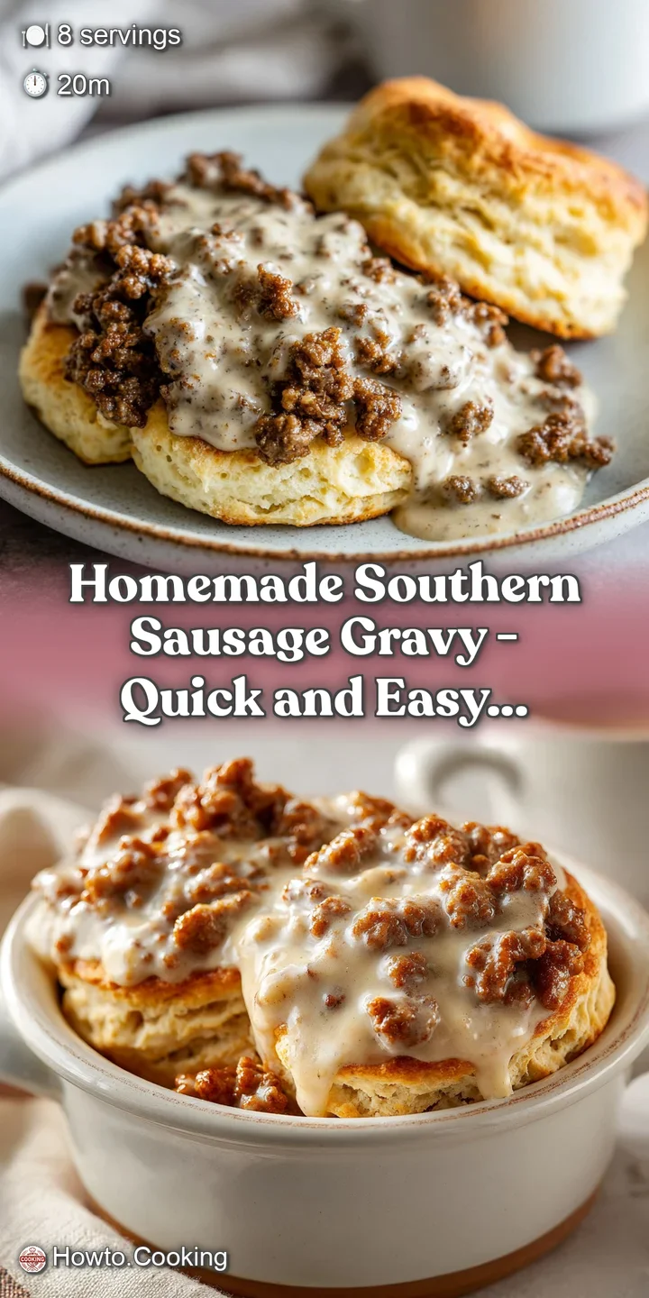 Close-up of velvety white gravy with toasted sausage bits and cracked black pepper in a steaming cast iron skillet.