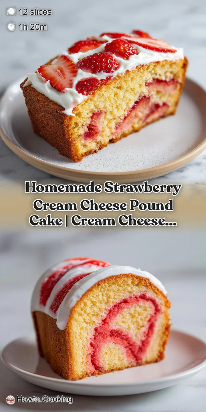 Close-up of a dense, buttery cake crumb with pockets of bright red strawberries and a glossy white drizzle.