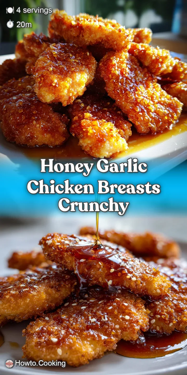 Close-up reveals a glazed honey garlic chicken breast with a delightfully crunchy, uneven texture. Drops of glistening sau...