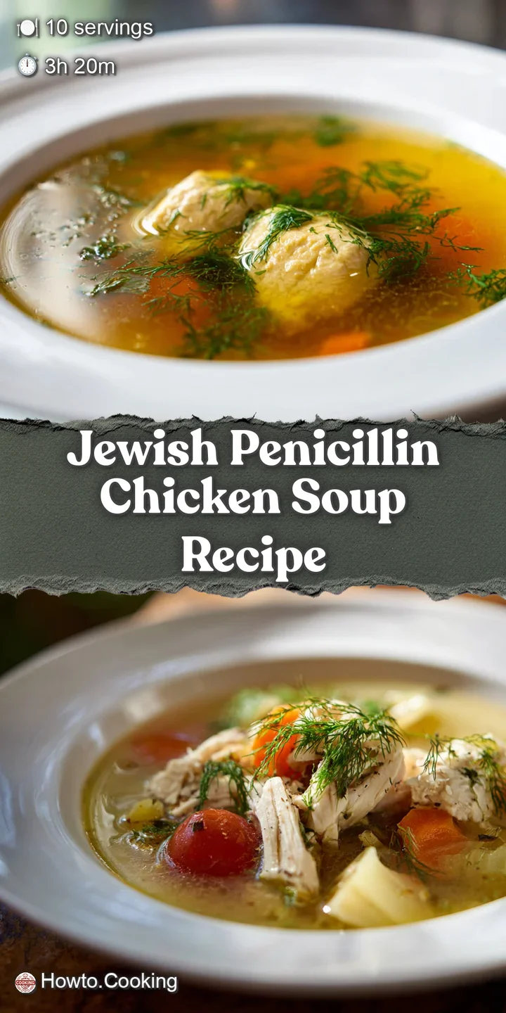 Close-up of glistening chicken soup with plump noodles, tender chicken, and colorful veggies, promising comfort in every s...