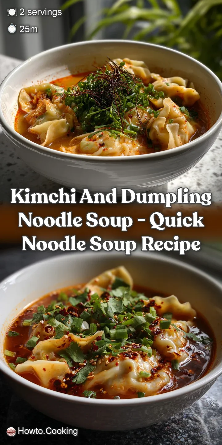 Close-up of bubbling kimchi and dumpling noodle soup. Deep red broth, perfectly cooked dumplings, and a sprinkle of sesame...