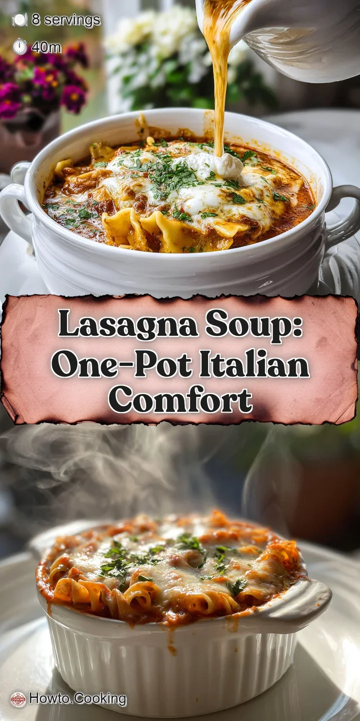 Close-up of Lasagna Soup showcasing layers of noodles, savory meat sauce, and melted mozzarella. A spoonful lifted, drippi...