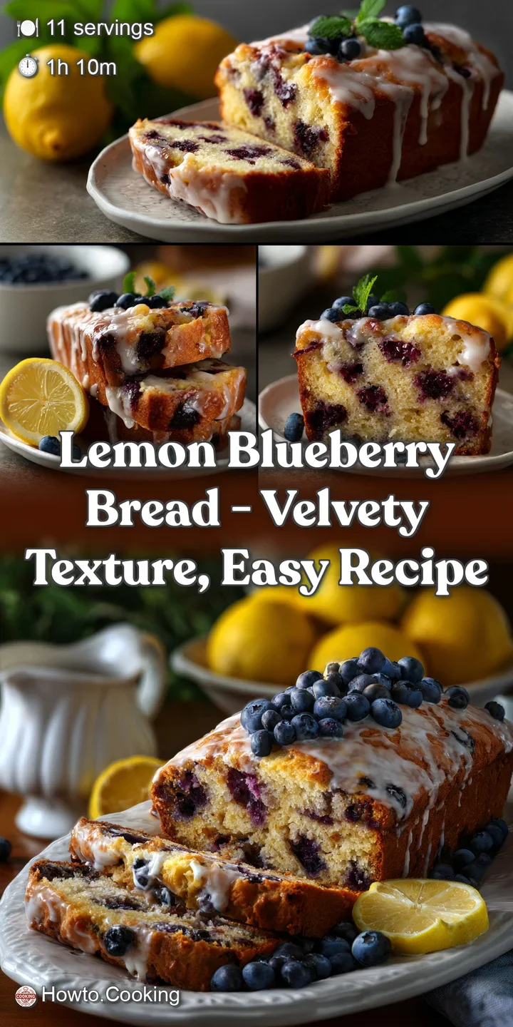 Close-up of a tender slice of lemon blueberry bread showcasing the juicy burst of blueberries amidst the delicate, citrus-...