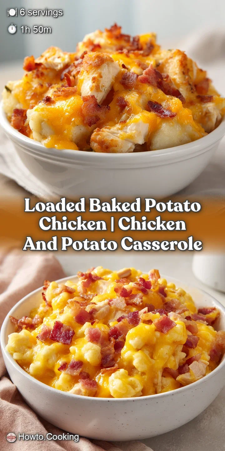 Close-up of bubbling melted cheese, crispy bacon bits, and creamy mashed potatoes atop a juicy seared chicken fillet.