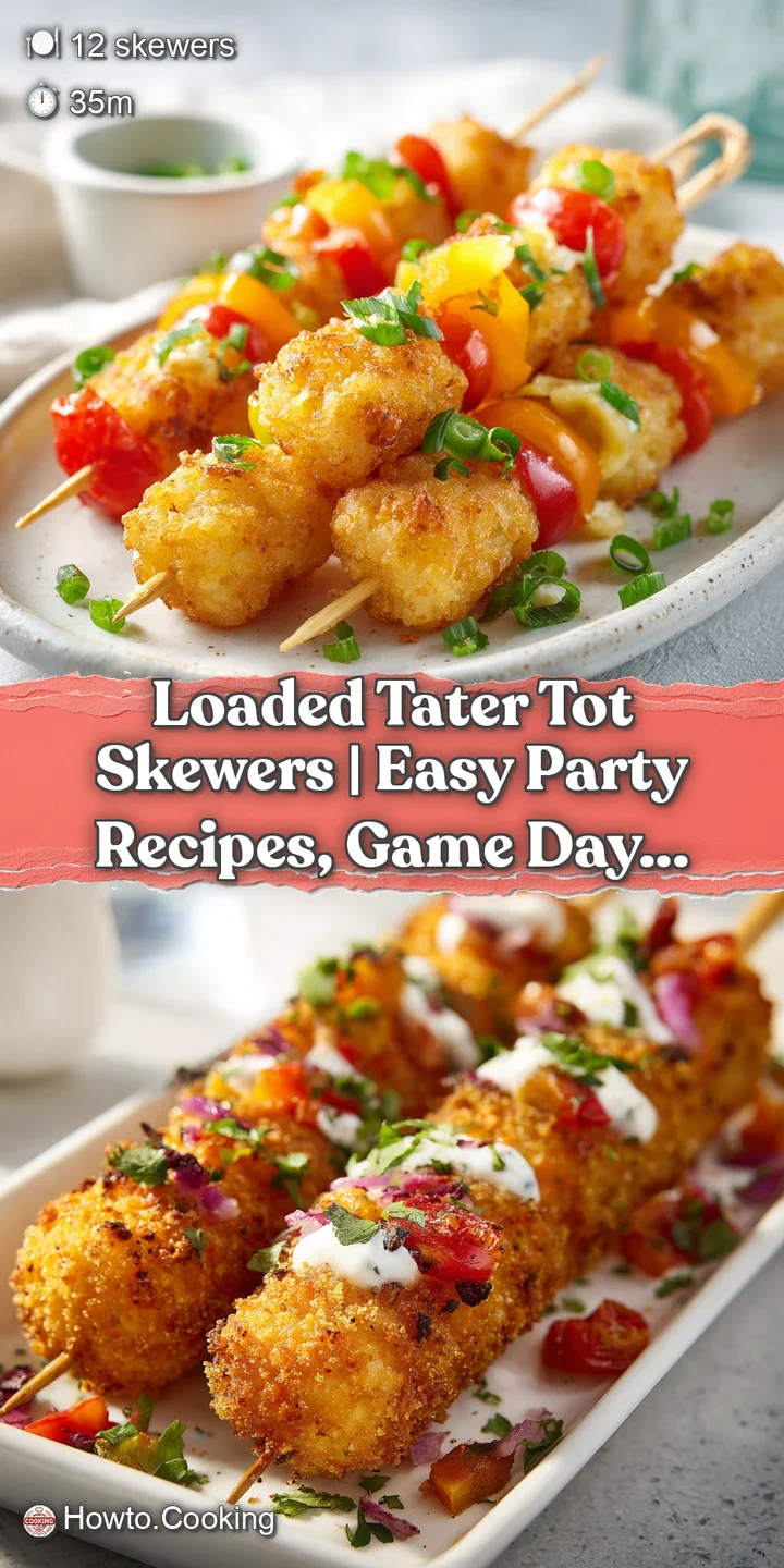 Close-up of a golden tater tot skewer, revealing a gooey melted cheese and a sprinkle of paprika.