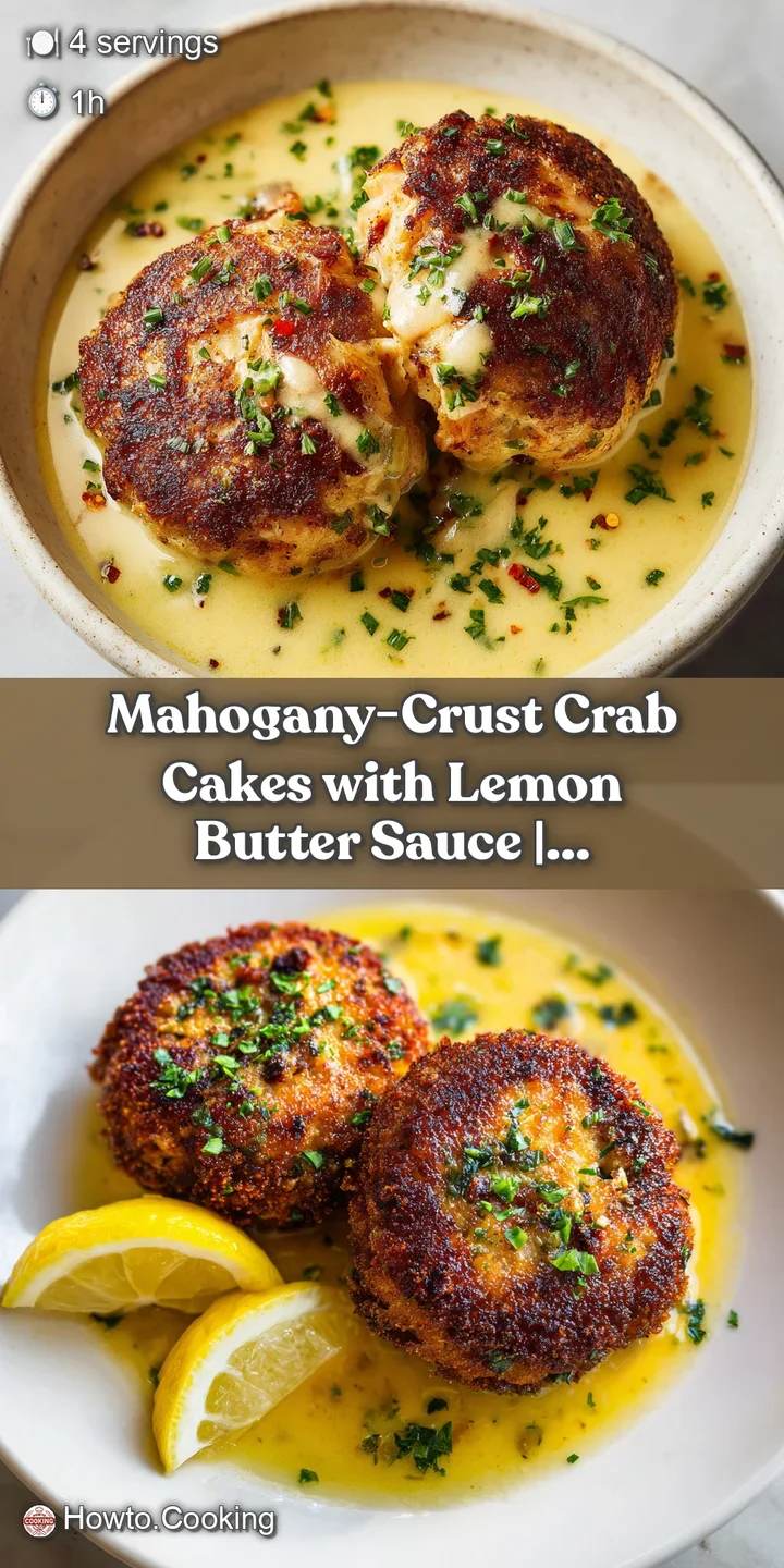 A close-up reveals the flaky interior of a perfectly seared crab cake, bathed in warm, inviting lemon butter.