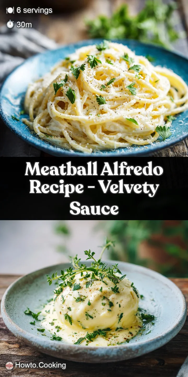 Close-up: Creamy Alfredo sauce clinging to pasta strands, with a browned, juicy meatball topped with parmesan and parsley.