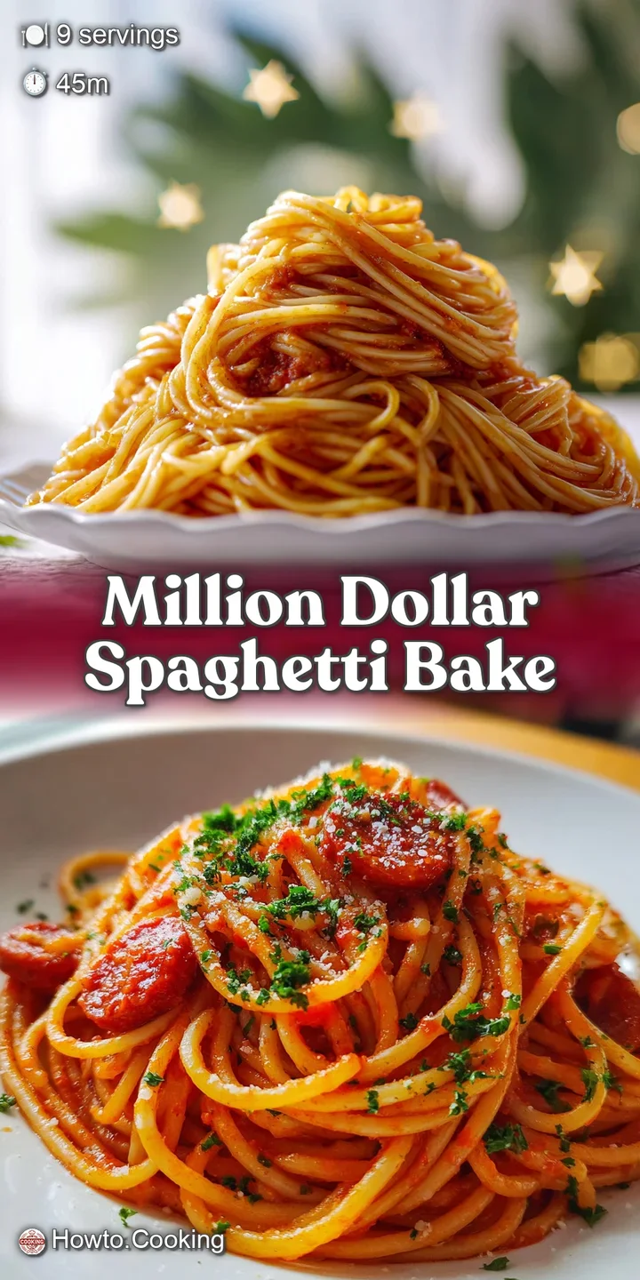 Close-up of the top of the spaghetti bake; browned cheese bubbling with a rich, vibrant red tomato sauce showing beneath t...