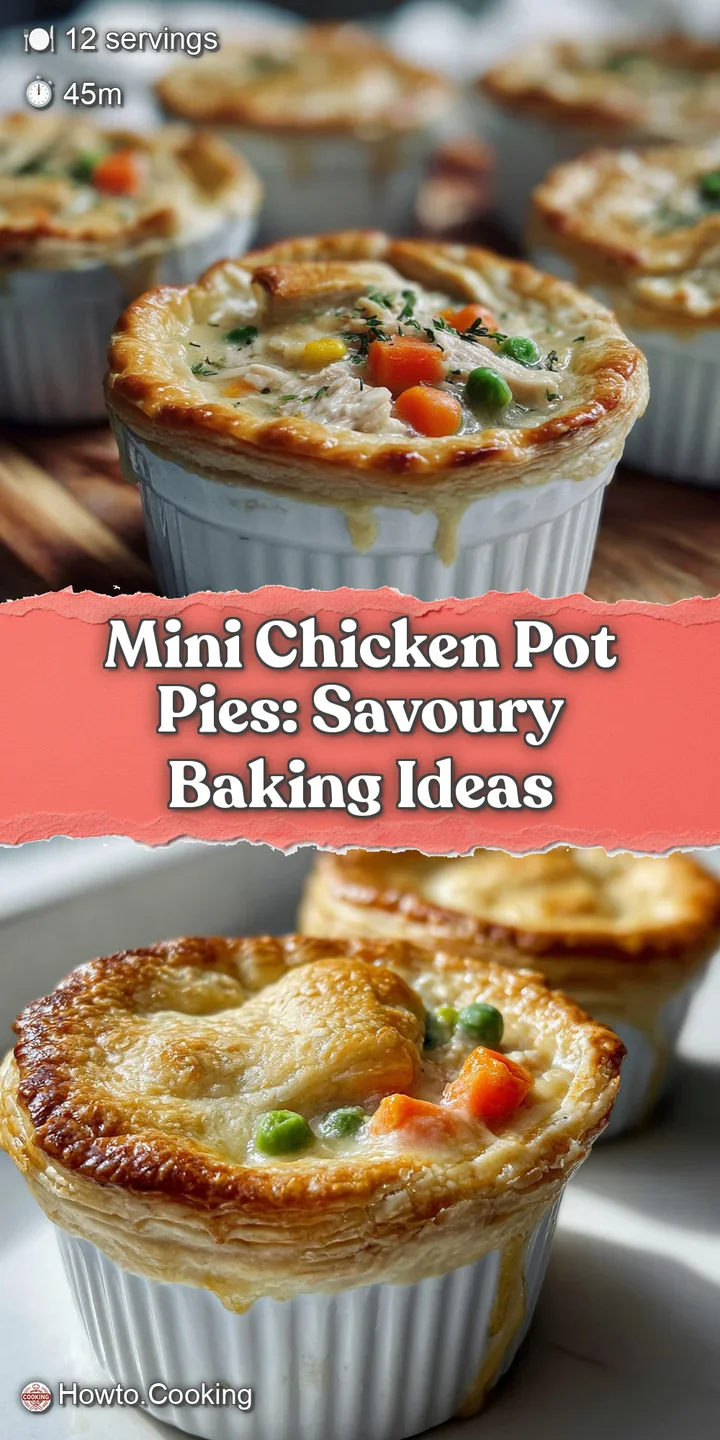 Close-up of a warm, golden-brown mini chicken pot pie, crust bubbling with visible, creamy filling, hinting at a savory, c...