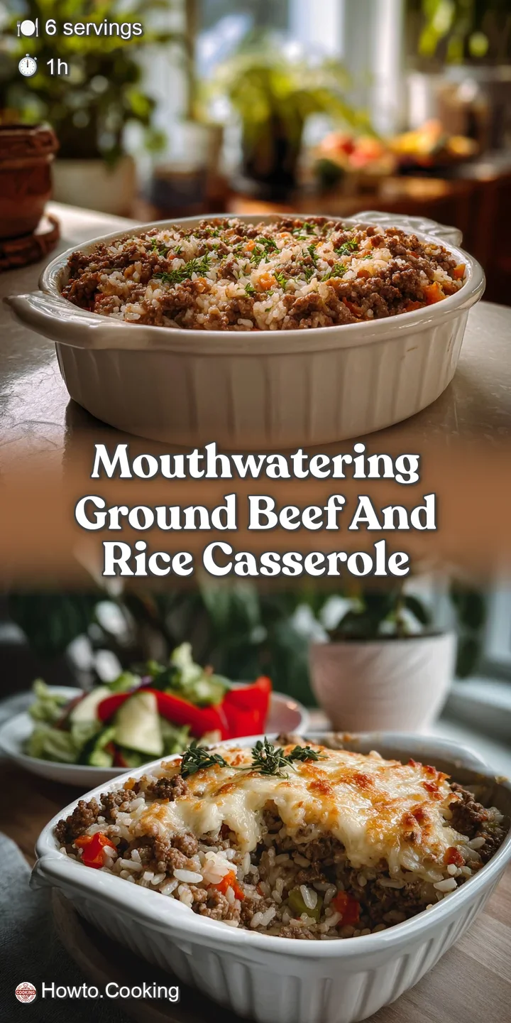 Close-up reveals the rich, textured layers of cheesy ground beef and rice casserole, with a golden-brown bubbling crust. D...