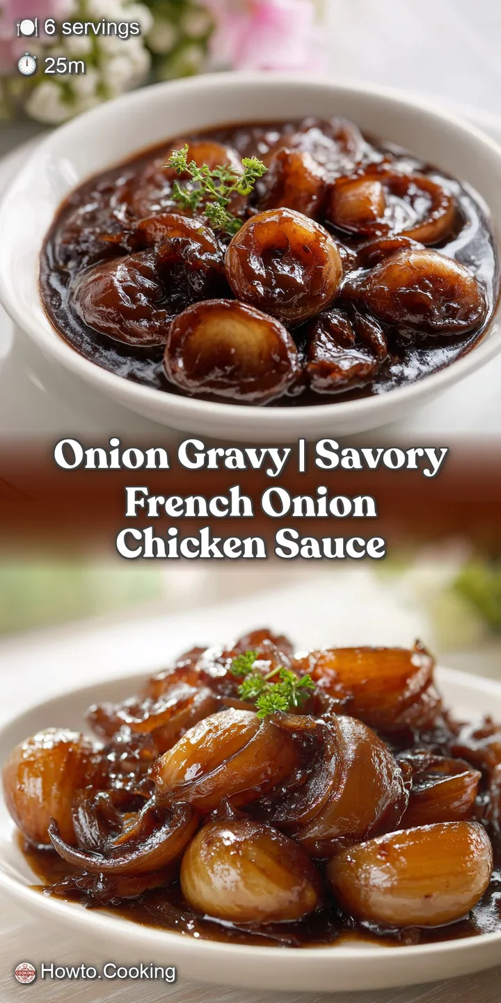 Extreme close-up of silky brown gravy showing tender, caramelized onion slices and a glistening, smooth surface.