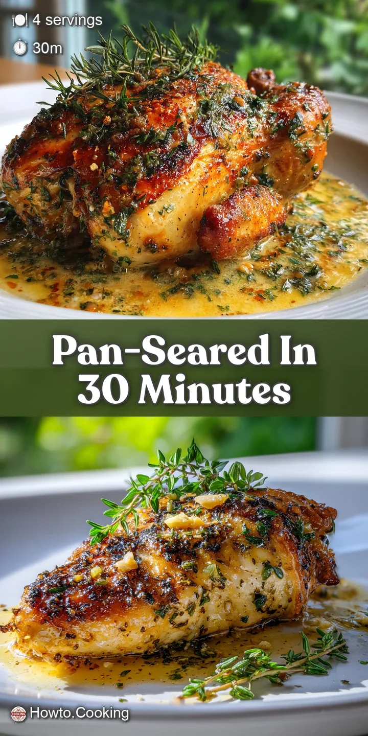 Close-up of juicy chicken with crispy, herb-flecked skin. The golden-brown pan sauce adds shine and depth to the dish.