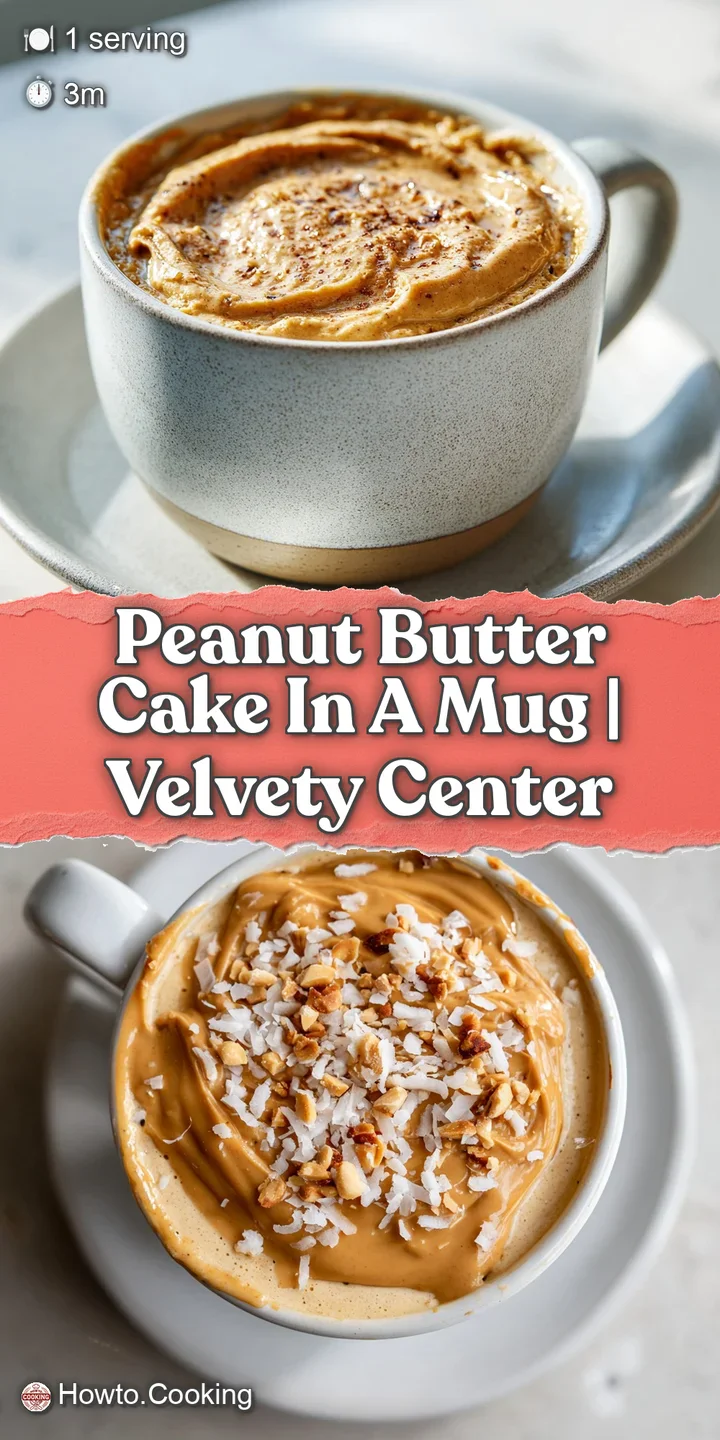 Close-up of a moist, peanut butter mug cake. Soft, crumbly texture with visible pockets of melted peanut butter. Steaming ...