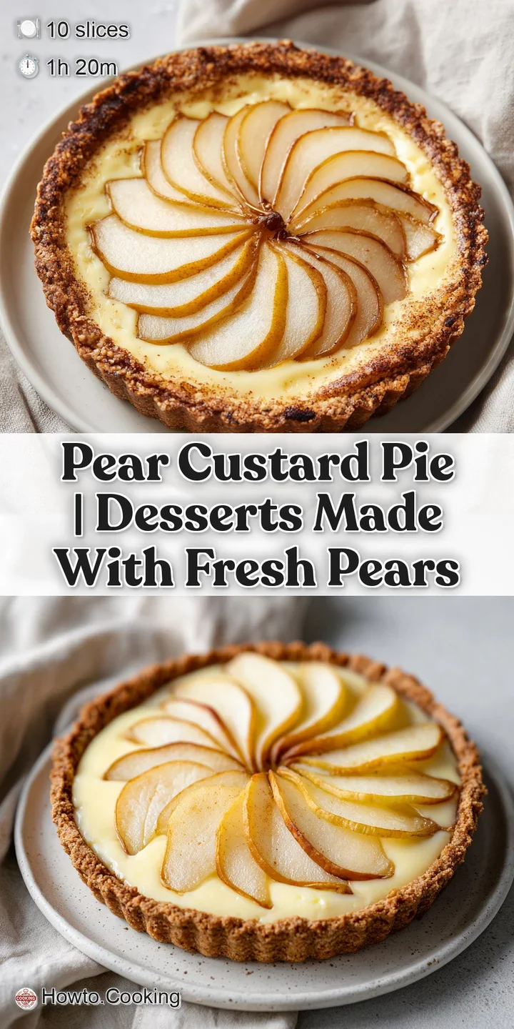 Close-up of juicy, glazed pear slices resting on a bed of smooth, pale yellow custard with a crisp golden edge.