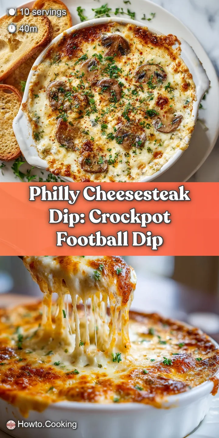 Close-up of Philly cheesesteak dip showing gooey melted cheese, savory browned beef, and flecks of green herbs, steaming a...