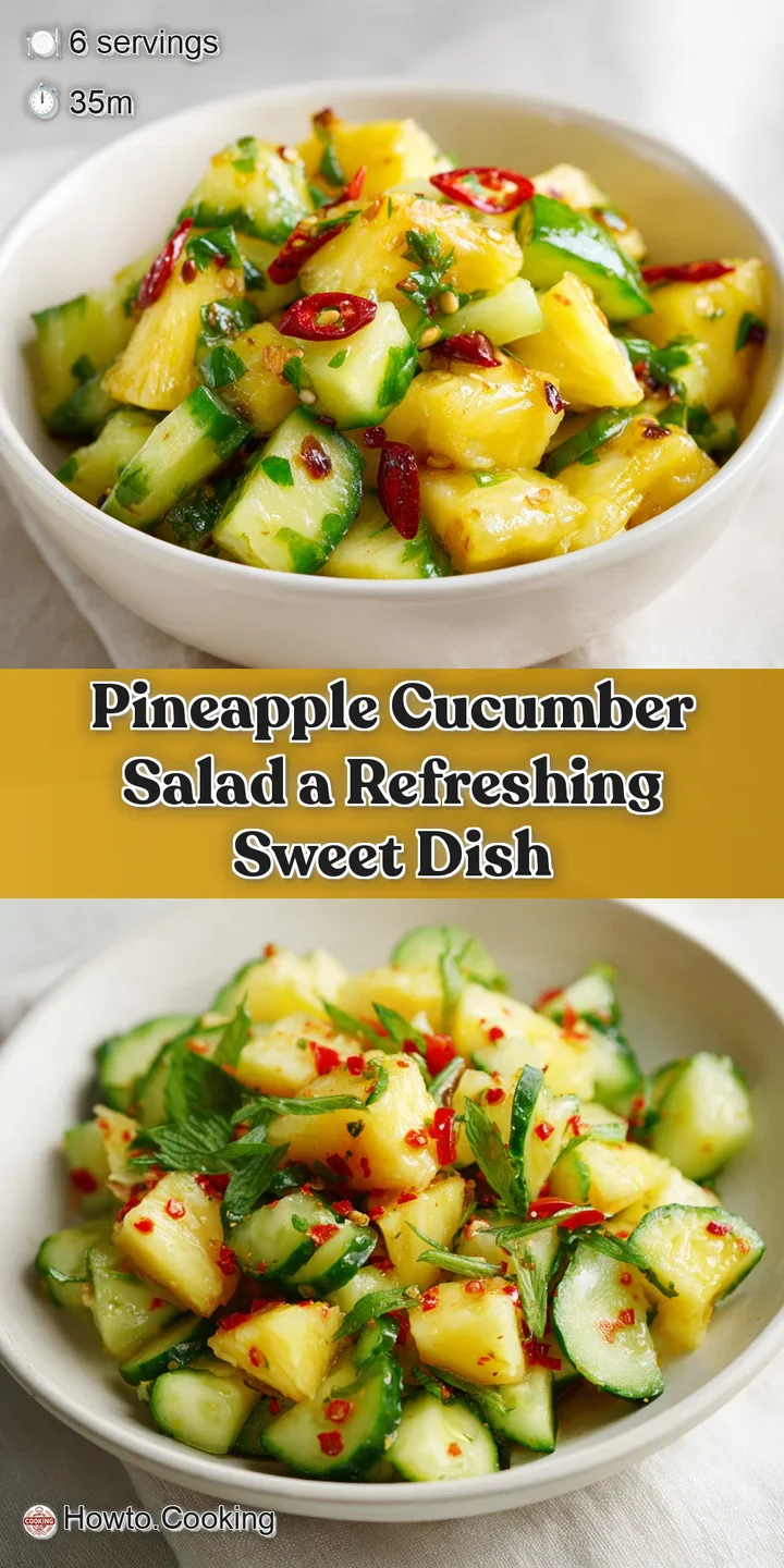 Juicy, translucent pineapple chunks and crisp, vibrant green cucumber slices, glistening with dressing.