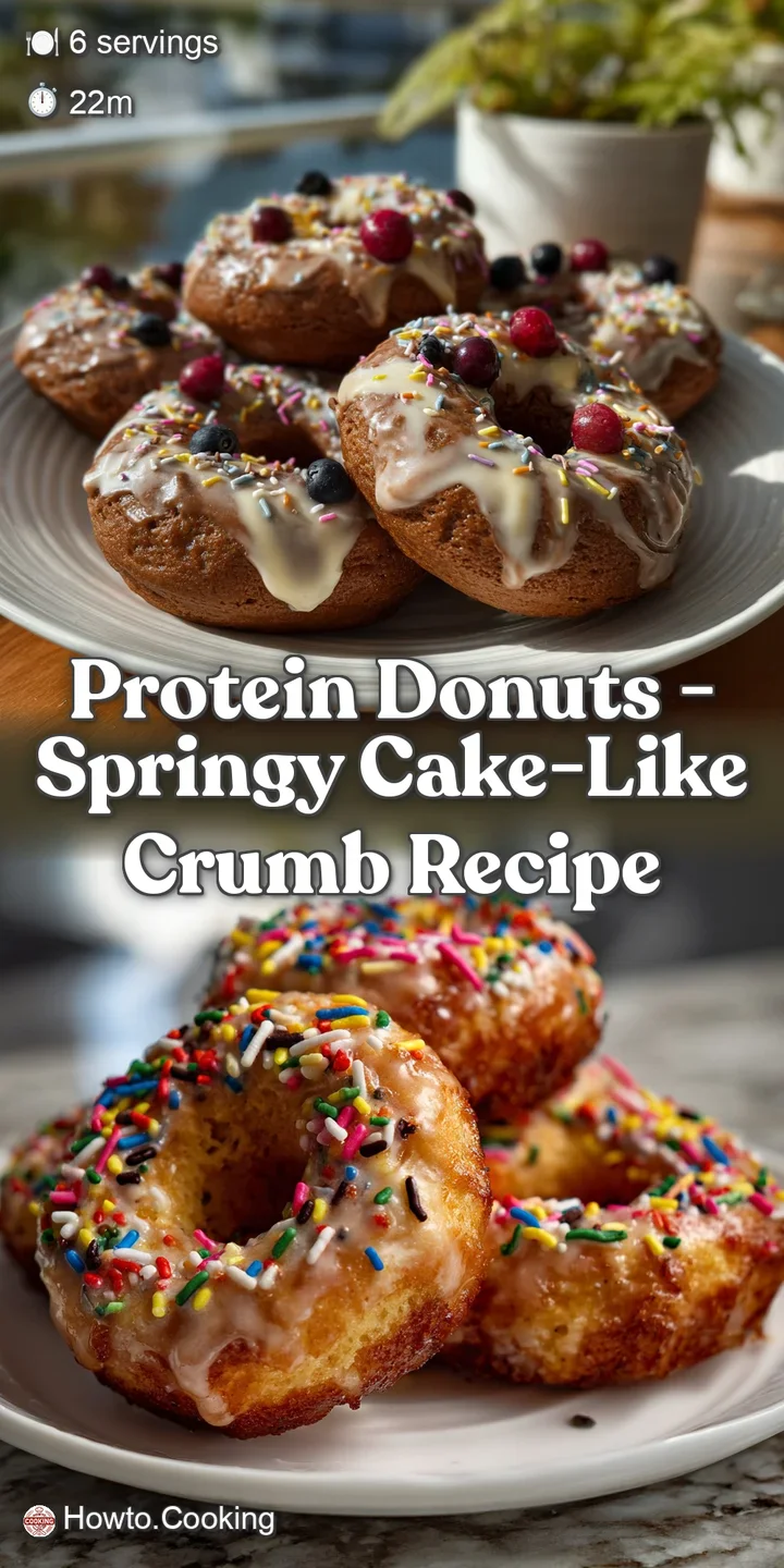 Close-up of a single, perfectly textured protein donut. The soft, cake-like crumb is visible, complemented by a light, cre...