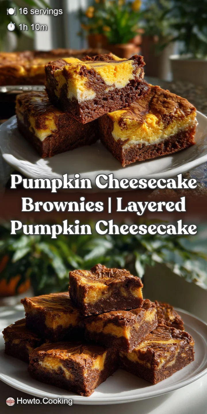 Close-up of a brownie's texture; the fudgy chocolate base contrasts beautifully with the swirled pumpkin cheesecake. Appea...